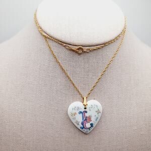 Vintage Avon Porcelain Heart “L” Initial Necklace on 24” Gold Rope Chain